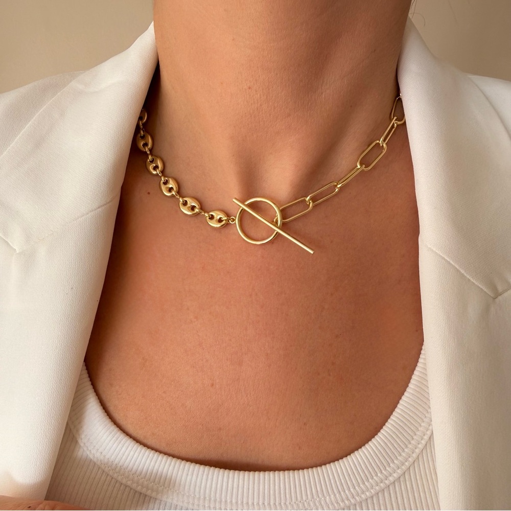 Mixed Coffee Bean & Paperclip Link Toggle Necklace | 14K Gold Plated | Luxury - Picture 5 of 10